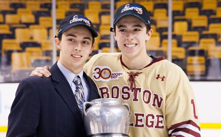 Brothers Johnny Gaudreau (right) and Matthew Gaudreau (left) in Boston, Massachusetts, on Feb. 10, 2014. Younger brother Matthew Gaudreau's widow has welcomed a son, four months after the brothers' tragic deaths.