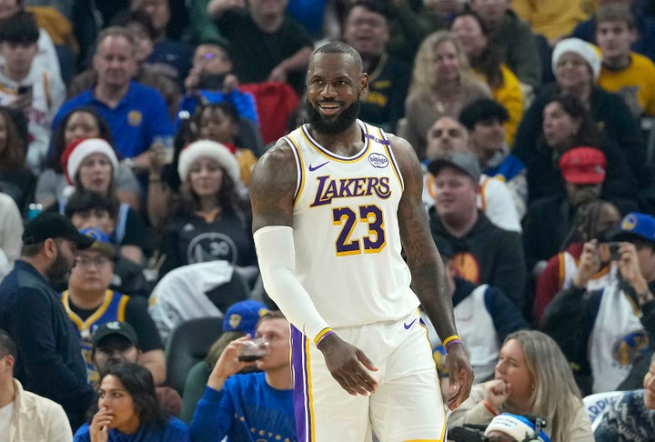 SAN FRANCISCO, CALIFORNIA - DECEMBER 25: LeBron James #23 of the Los Angeles Lakers looks on against the Golden State Warriors during the first half at Chase Center on December 25, 2024 in San Francisco, California. NOTE TO USER: User expressly acknowledges and agrees that, by downloading and or using this photograph, User is consenting to the terms and conditions of the Getty Images License Agreement. (Photo by Thearon W. Henderson/Getty Images)