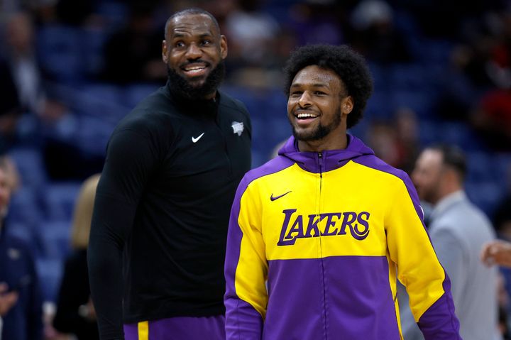 NEW ORLEANS, LOUISIANA - NOVEMBER 16: LeBron James #23 of the Los Angeles Lakers and Bronny James #9 of the Los Angeles Lakers stand on the court prior to the start of an NBA game against the New Orleans Pelicans at Smoothie King Center on November 16, 2024 in New Orleans, Louisiana. (Photo by Sean Gardner/Getty Images)