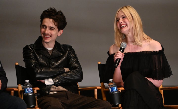 Timothée Chalamet and Elle Fanning appear during a panel for "A Complete Unknown" on Dec. 9, 2024. The duo recreated a viral interaction between "Wicked" leads Ariana Grande and Cynthia Erivo in a recent interview.