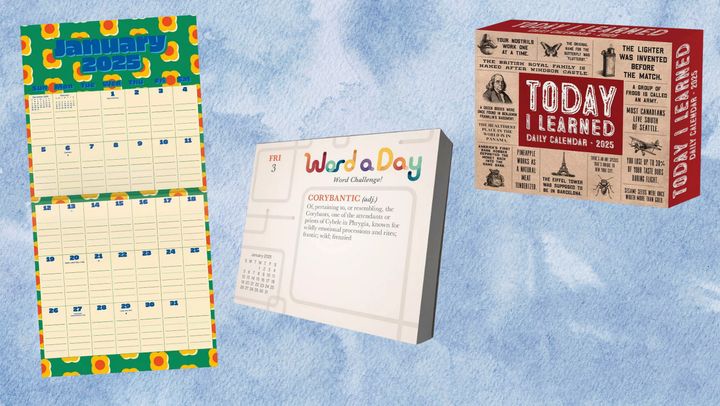 A stylish wall calendar, vocabulary tearaway calendar, and "Today I learned" trivia calendar