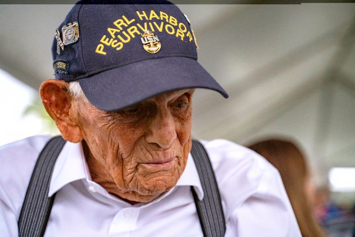 Pearl Harbor survivor Harry Chandler, 102, of Tequesta, Fla., speaks to the media during the 82nd Pearl Harbor Remembrance Day ceremony on Dec. 7, 2023, at Pearl Harbor in Honolulu. (AP Photo/Mengshin Lin, File)