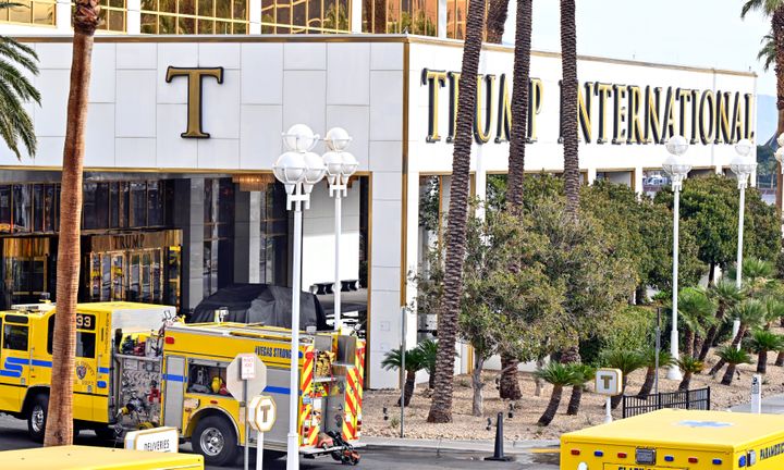 A Cybertruck covered with a tarp is seen parked in the valet area at the Trump International Hotel on Jan. 1, 2025, in Las Vegas, Nevada.