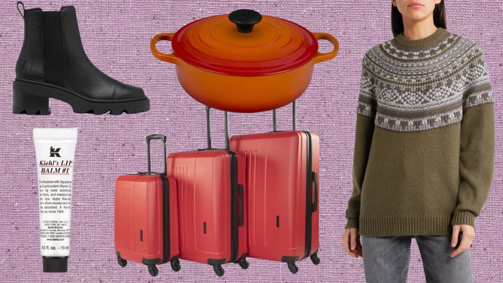 Sorel leather boots, Kiehl's lip balm, Swiss Mobility hardshell luggage trio, merino wool blend Fair Isle sweater, and Le Creuset Dutch oven