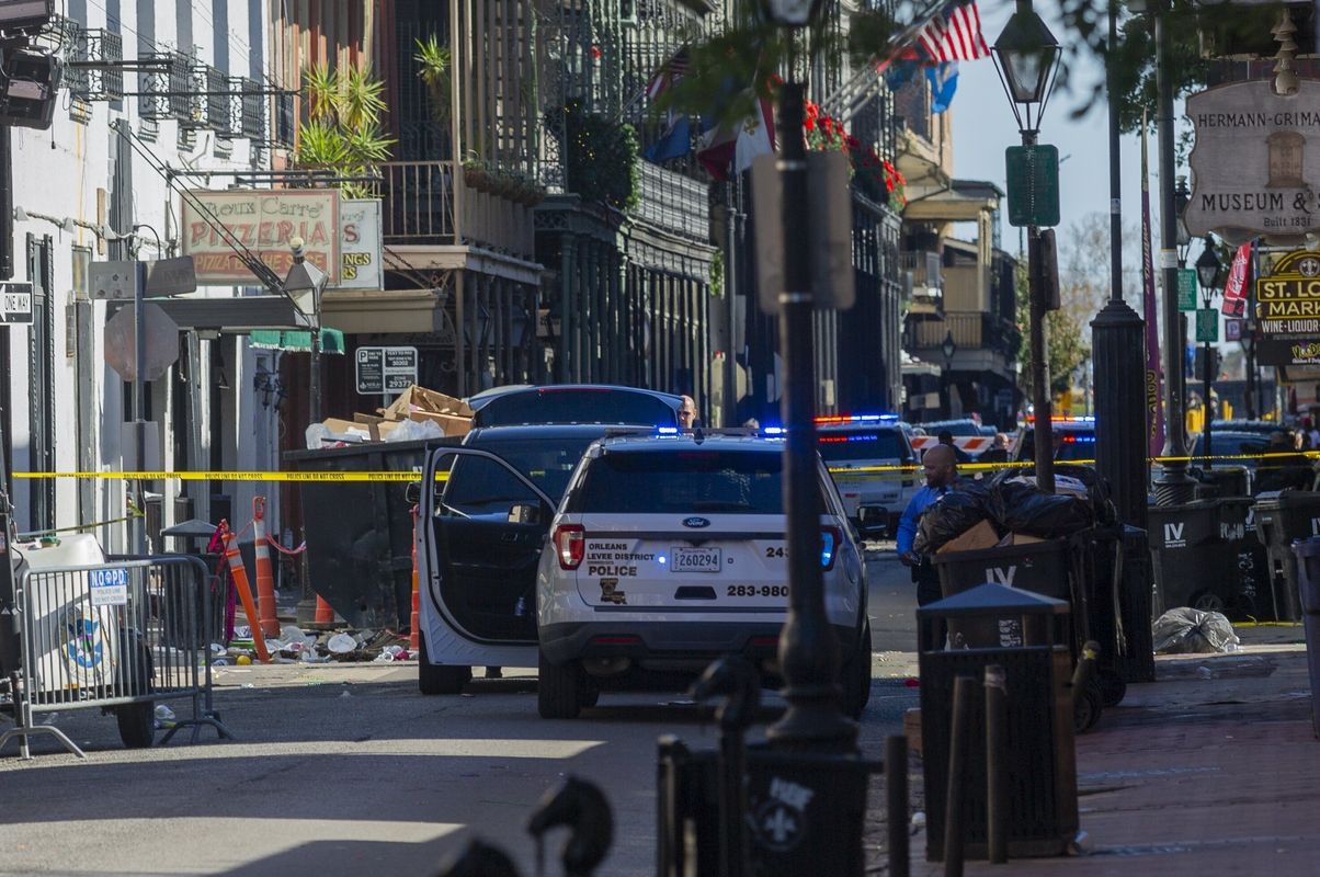 Police checkpoints on and around Bourbon Street, after a vehicle plowed into New Year crowds at a tourist district local authorities said in New Orleans, Louisiana, United States on January 1, 2025. (Photo by Patrick O'niell Little Jr/Anadolu via Getty Images)