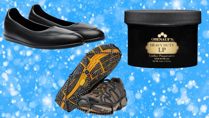 Swims over-shoe galoshes, a pair of Yaktrax traction cleats and a weather-proofing leather wax.