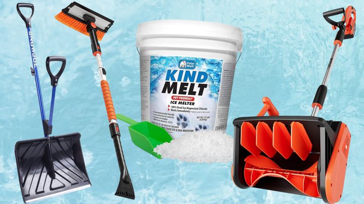 A double-handle shovel, adjustable snow brush, a bin of pet-friendly ice-melting salt and directional cordless shovel