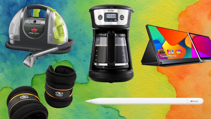 Bissell Little Green carpet cleaner, ankle weights, Mr. Coffee machine, Apple pencil stylus and portable monitor