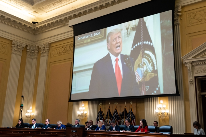 A video of President Donald Trump is played during the Select Committee to Investigate the January 6th Attack on the Capitol hearing on Thursday, October 13, 2022. 