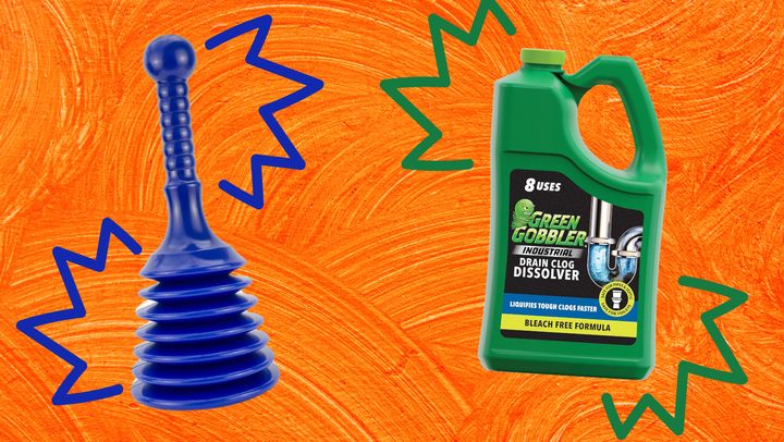 A sink plunger and Green Gobbler drain cleaner