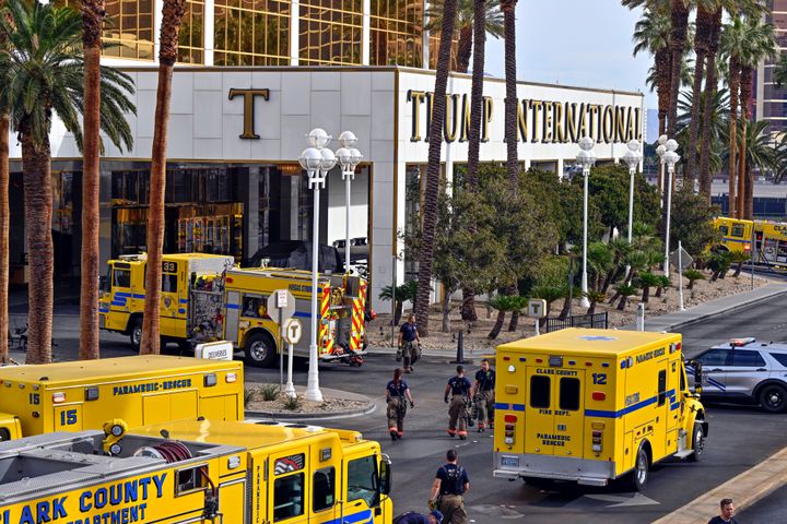 Clark County fire vehicles surround the valet area where a Cybertruck caught fire at the Trump International Hotel on January 1, 2025, in Las Vegas, Nevada. (Photo by David Becker for the Washington Post)