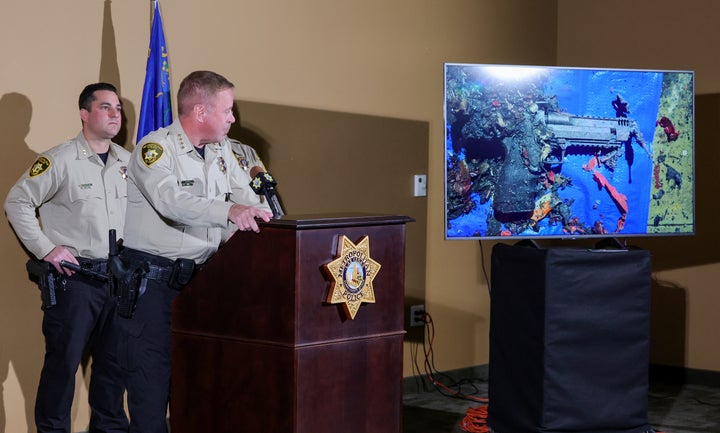 A monitor displays an image of a burned semiautomatic firearm recovered from a Tesla Cybertruck that exploded on New Year's Day in front of the entrance to the Trump International Hotel & Tower Las Vegas as Las Vegas Metropolitan Police Department Sheriff Kevin McMahill speaks during a news conference at LVMPD headquarters on January 02, 2025 in Las Vegas, Nevada. (Photo by Ethan Miller/Getty Images)