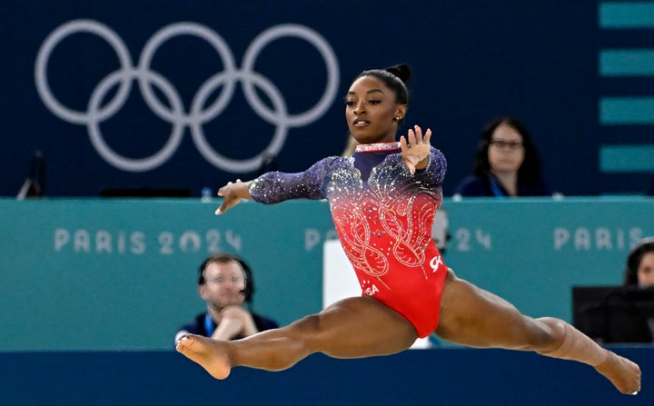 Gymnast Simone Biles competes in the women's floor exercise final at Barcy Arena during the 2024 Olympic Games in Paris.