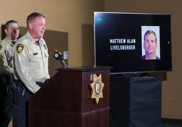 An image of Matthew Alan Livelsberger driver’s license photo is displayed on a monitor as Las Vegas Metropolitan Police Department Sheriff Kevin McMahill speaks about the Tesla Cybertruck that exploded on New Year's Day in front of the entrance to the Trump International Hotel & Tower Las Vegas during a news conference at LVMPD headquarters on January 02, 2025 in Las Vegas, Nevada. (Photo by Ethan Miller/Getty Images)