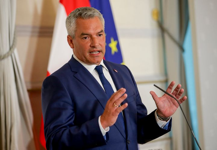 FILE - Austrian Chancellor Karl Nehammer attends a press conference in Vienna on Thursday, Aug. 8, 2024. (AP Photo/Heinz-Peter Bader, File)