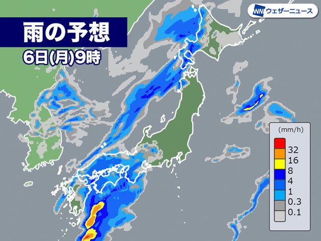 雨の予想 6日(月)9時