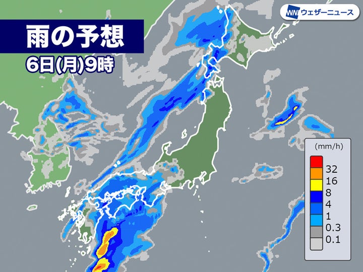 雨の予想 6日(月)9時