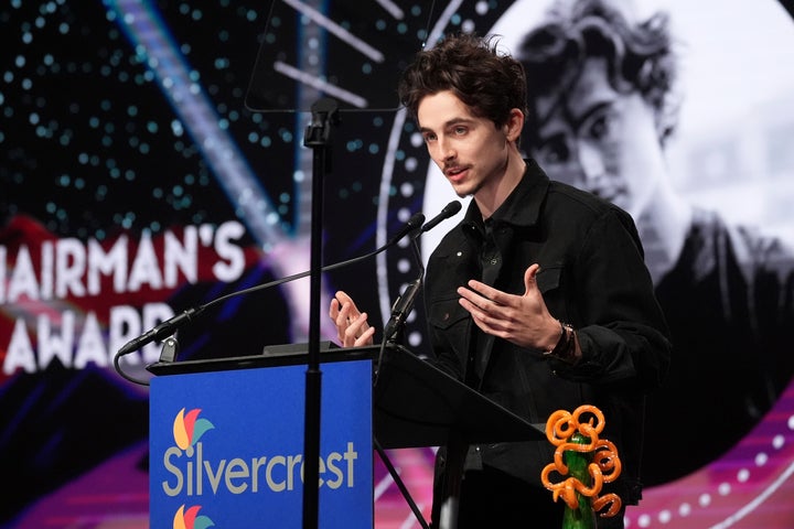 Timothee Chalamet accepts the chairman's award for "A Complete Unknown" during the 36th annual Palm Springs International Film Festival Awards Gala on Friday, Jan. 3, 2025, in Palm Springs, Calif. (AP Photo/Chris Pizzello)