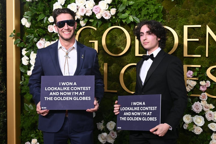 Max Braunstein and Miles Mitchell — the winners of the Glen Powell and Timothée Chalamet look-alike contests, respectively — attend the 2025 Golden Globes.