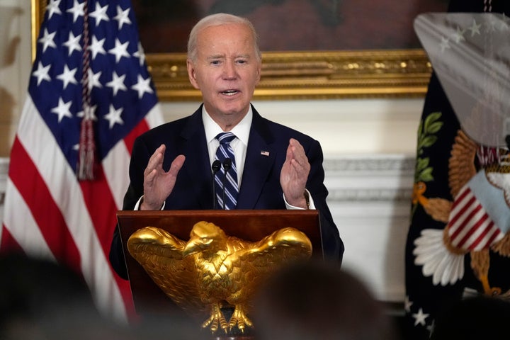 President Joe Biden speaks at a reception for new Democratic members of Congress in the State Dining Room of the White House, Sunday, Jan. 5, 2025, in Washington. (AP Photo/Manuel Balce Ceneta)