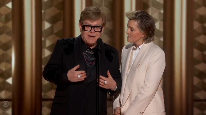 Elton John and Brandi Carlile at the 2025 Golden Globes