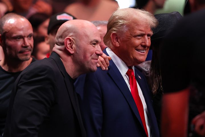 Dana White and President-elect Donald Trump pose for a photo during the UFC 309 event at Madison Square Garden on Nov. 16, 2024, in New York City. White was announced as a new member of Meta's board of directors on Monday.