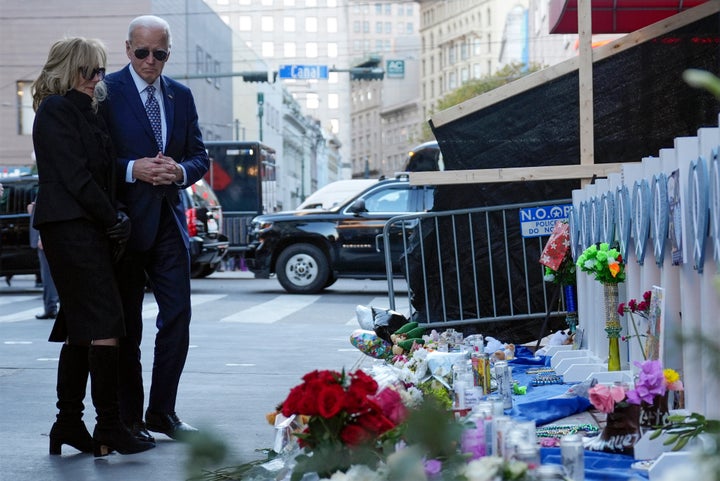 President Joe Biden and first lady Jill Biden stop at the site of the deadly attack.