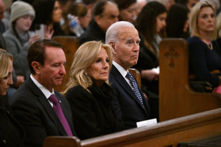 The Bidens, alongside the Governor of Louisiana Jeff Landry (2nd L) and his wife Sharon Landry (L), attend an interfaith prayer service with the families and community members impacted by the January 1 truck attack in New Orleans, at the Cathedral-Basilica of Saint Louis, King of France, in New Orleans, Louisiana, on Janauary 6, 2025. 