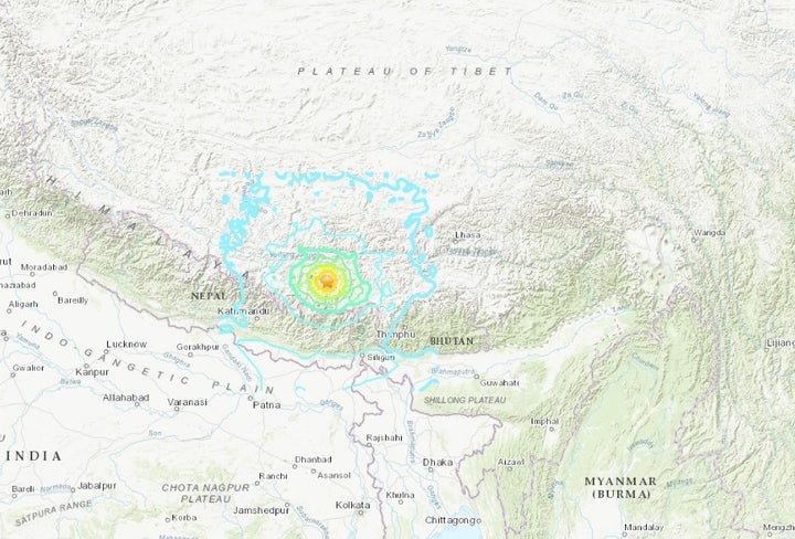 米国地質調査所（USGS）が発表した震源地の地図