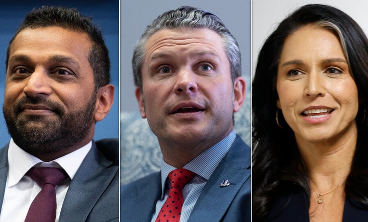 Former Rep. Adam Kinzinger named (from left) Kash Patel, Pete Hegseth and Tulsi Gabbard as his biggest concerns among President-elect Donald Trump's administration picks.