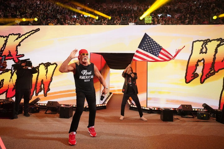 Wrestler Hulk Hogan appears at the Intuit Dome in California on Monday, hearing a large number of boos.