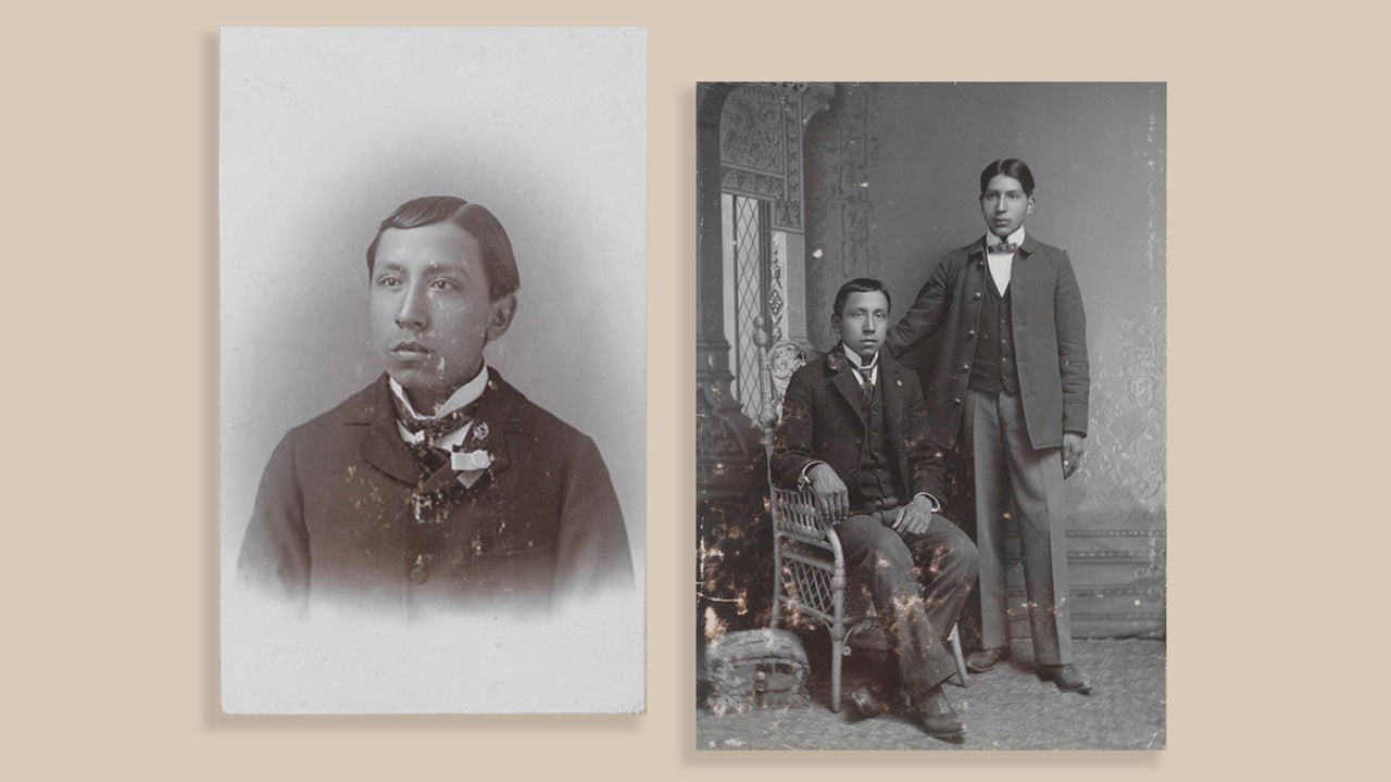 Left: Studio portrait of Edward Hensley; Right: Studio portrait of Edward Hensley and Myron Moses (standing).