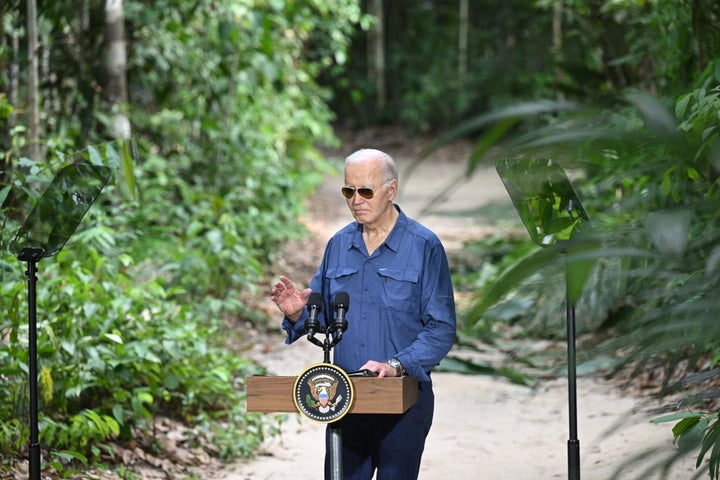 President Joe Biden speaks after signing a proclamation designating Nov. 17 as International Conservation Day during a visit to the Amazon in Manaus, Brazil.