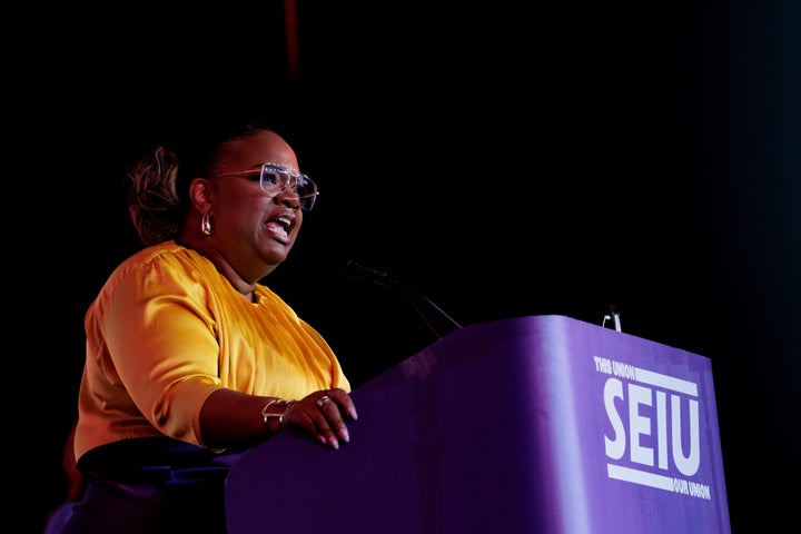 April Verrett, president of the Service Employees International Union (SEIU), speaks during the Service Employees International Union (SEIU) convention in Philadelphia, Pennsylvania, US, on Tuesday, May 21, 2024. Union members are gathering to debate and vote on resolutions that the union will follow for the next four years.