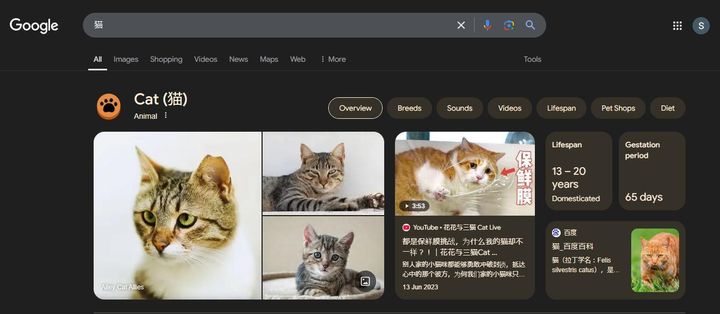 Chromeで「猫」と検索したときの画面