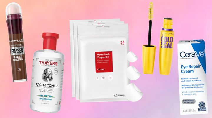 Maybelline Age-Rewind concealer, Thayers witch hazel facial toner, Cosrx hydrocolloid pimple patches, Maybelline Colossal washable mascara and CeraVe eye repair cream. 