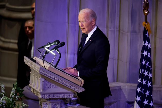 US President Joe Biden delivers a eulogy during the state funeral for former U.S. President Jimmy Carter at Washington National Cathedral on January 09, 2025 in Washington, DC.