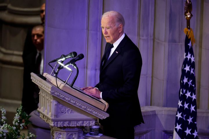 US President Joe Biden delivers a eulogy during the state funeral for former U.S. President Jimmy Carter at Washington National Cathedral on January 09, 2025 in Washington, DC.