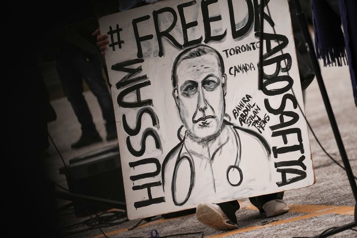 Pro-Palestinian protesters gather at Queen's Park in Toronto to demand that Israel release Dr. Hussam Abu Safiya, the director of Kamal Adwan Hospital in Gaza, on Jan. 5, 2025.