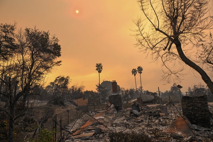 A view of destroyed houses during the Eaton wildfire in Altadena, California.