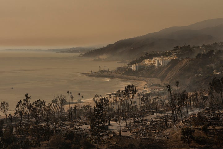 A mobile home community sits destroyed Thursday by the Palisades Fire in the Pacific Palisades neighborhood of Los Angeles.