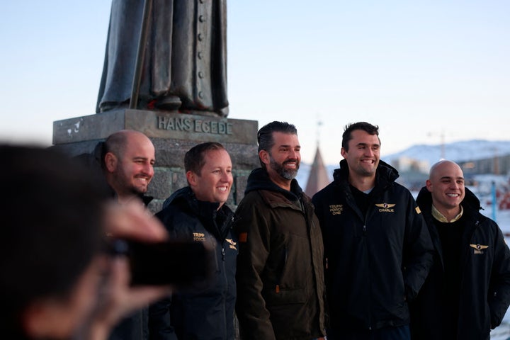 Donald Trump Jr. pictured soon after arriving in Nuuk, Greenland.