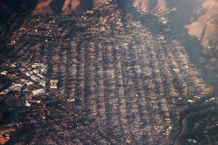 An aerial photo of the Pacific Palisades, taken Friday, after being largely reduced to rubble