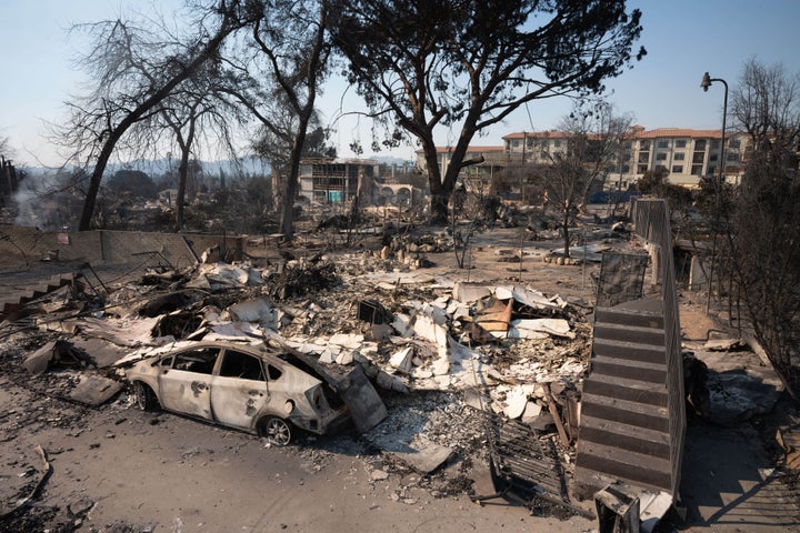 Altadena, CA - January 10: Homes and businesses along Lake Avenue in Altadena during the Eaton fire on Friday, January 10, 2025. (Photo by David Crane/MediaNews Group/Los Angeles Daily News via Getty Images)