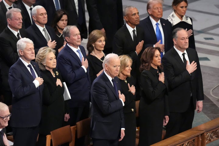 Donald Trump stood next to Barack Obama during Jimmy Carter's funeral. But Trump was not in the frame of a picture of the service that Kamala Harris shared online.