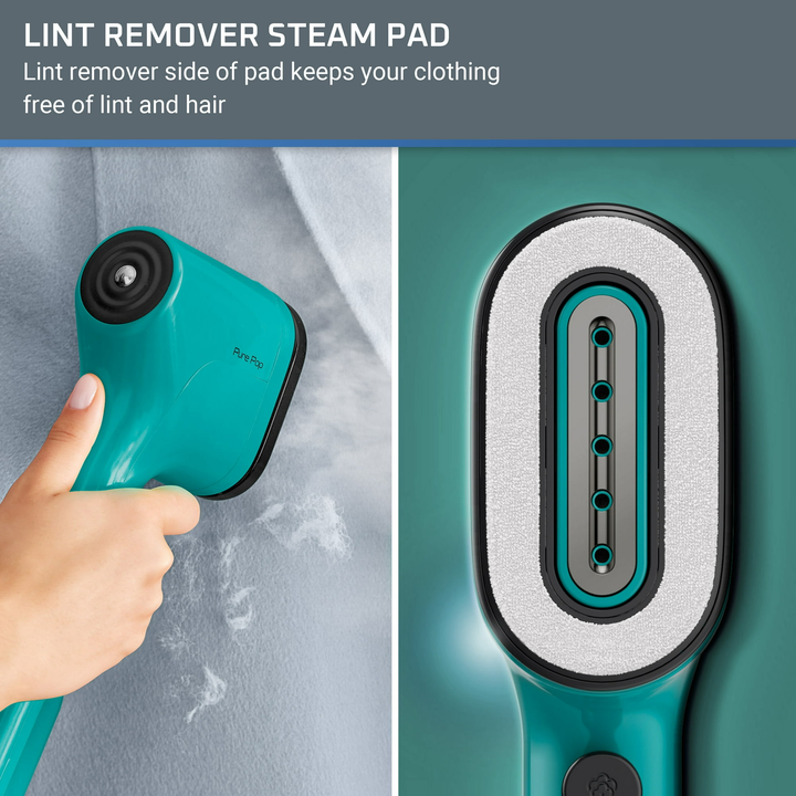 The Rowenta steamer in green with a lint remover steaming pad.