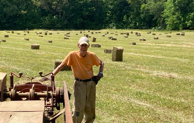 The author's father making hay on his North Carolina farm in May 2024.