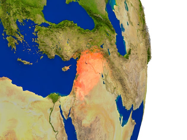 Map of Syria in red on planet Earth. 3D illustration with detailed planet surface. 3D model of planet created and rendered in Cheetah3D software, 5 Mar 2017. Some layers of planet surface use textures furnished by NASA, Blue Marble collection: http://visibleearth.nasa.gov/view_cat.php?categoryID=1484