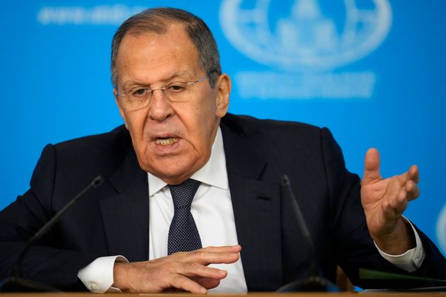 Russian Foreign Minister Sergey Lavrov speaks during his annual news conference in Moscow, Russia, on Tuesday, Jan. 14, 2025. 