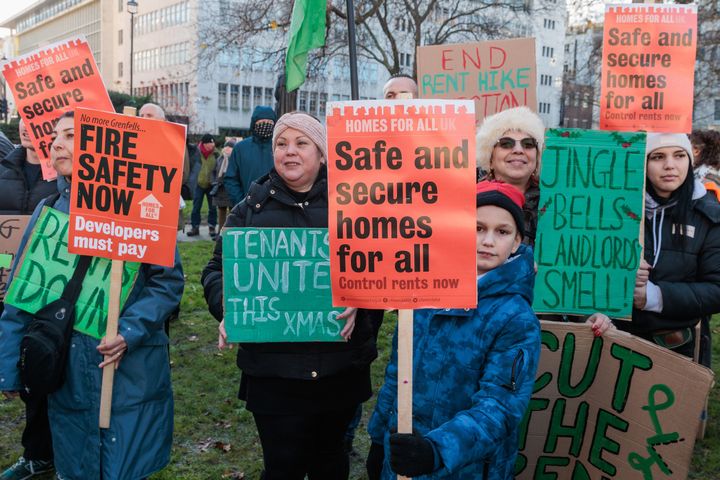 Supporters of the London Renters Union hold a rally in Cavendish Square Gardens before a march through central London in December 2024.